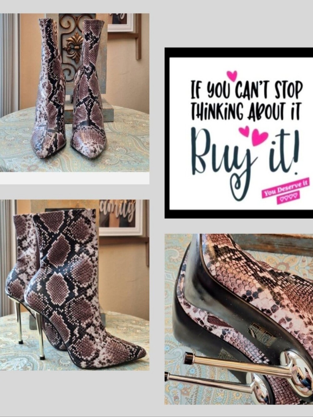 🔥🔥CLEARANCE🔥🔥 Purple/ Brn/Blk Snake-Print Stiletto Ankle Boots. Size 7